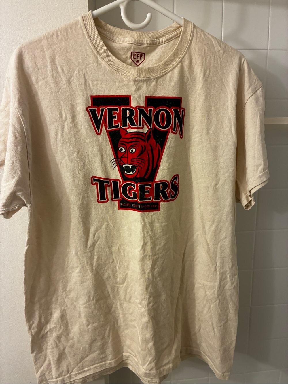 Ebbets Field Flannels Vernon Tigers Cream Tee with Red & Black Graphic
